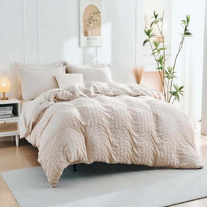 HYMOKEGE Beige Duvet Cover Queen Size, Ultra Soft 3-Piece Seersucker Duvet - Image 3