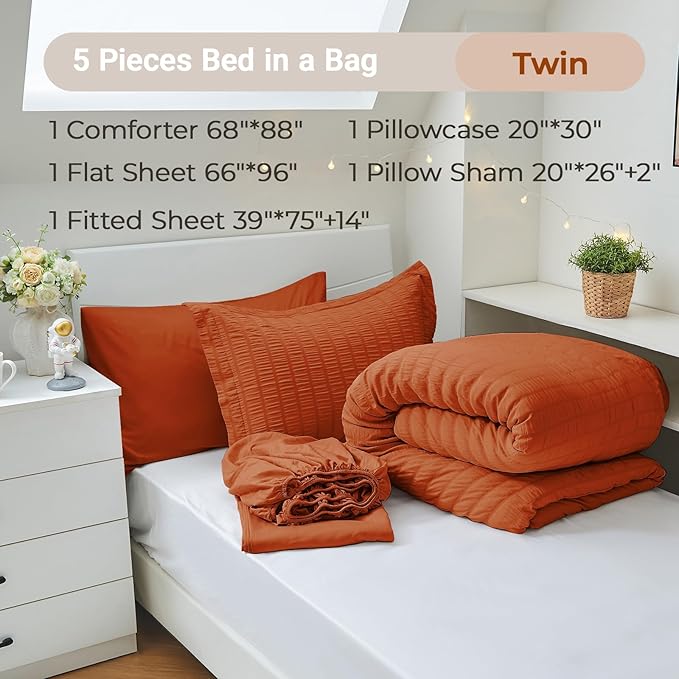MUXHOMO 5 Pieces Twin Comforter Set, Seersucker Bed in a Bag Twin Size - Image 4