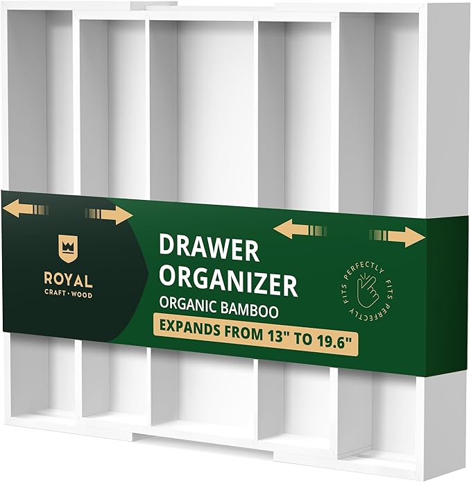 ROYAL CRAFT WOOD Luxury Bamboo Kitchen Drawer Organizer - Silverware Organizer - Utensil Holder and Cutlery Tray with Grooved Drawer Dividers for Flatware and Kitchen Utensils (5 Slot, White)