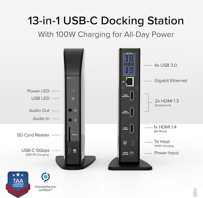 Plugable USB-C Triple Monitor Docking Station: 13-in-1 Laptop Dock with 100W Charging for Mac (DisplayLink Driver Required), Windows, Chrome, 3 HDMI, Gigabit Ethernet, SD, USB-C 20W, 4 USB - UD-ULTCDL