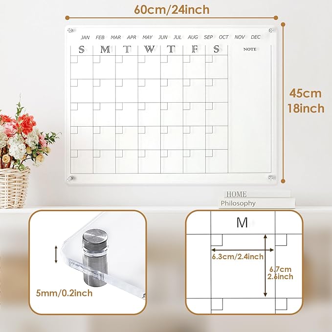 MAKELLO Acrylic Calendar for Wall 24" x 18", Clear Dry Erase Calendar for Office, School, Home, Bedroom, 4 Pens, Pen Holder, Wall-Mount Screws