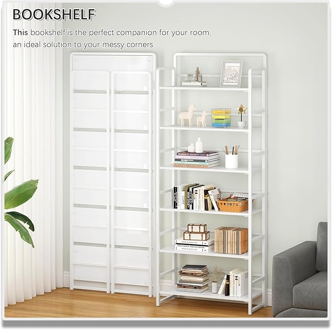 4NM No Assembly 6 Tiers Folding Bookshelf Storage Shelves Vintage Bookcase Standing Racks Study Organizer Home Office (All White)