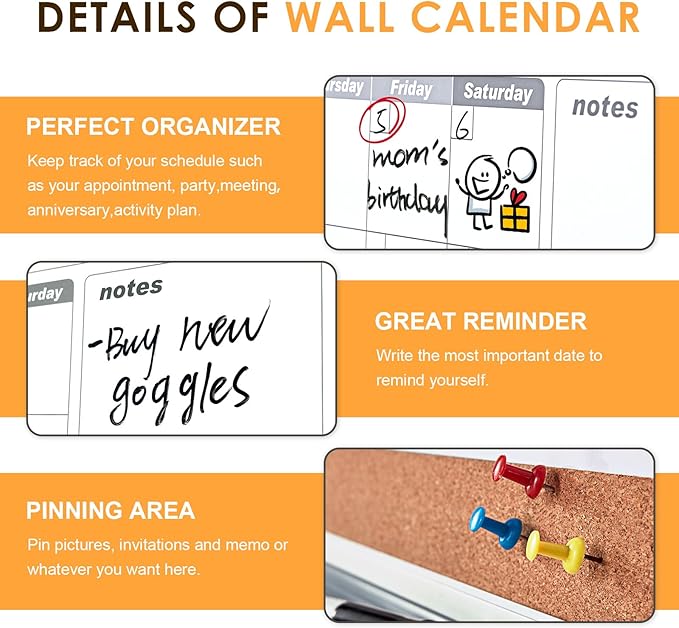 MAKELLO Dry Erase Calendar for Wall 24" x 18", Whiteboard Calendard with Cork Board for Office, Home, School, Family, Kitchen and Bedroom