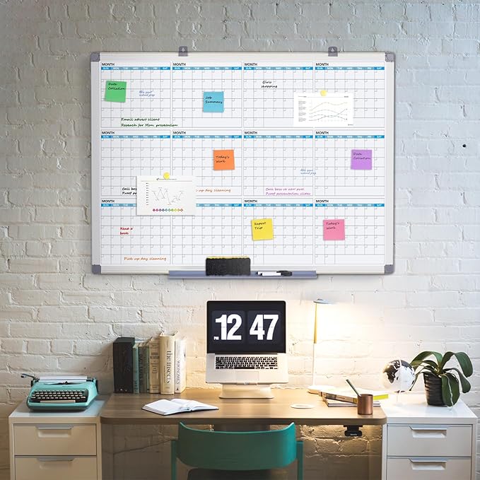 MAKELLO Large Magnetic Dry Erase Calendar Whiteboard Yearly 43" x 31" for Home, Bedroom, Office, Classroom, 12 Months
