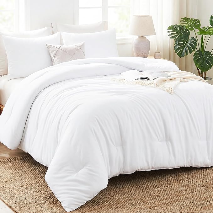 CozyLux Oversized Queen Comforter Set White, 3 Pieces 98x98 Solid Breathable by CozyLux