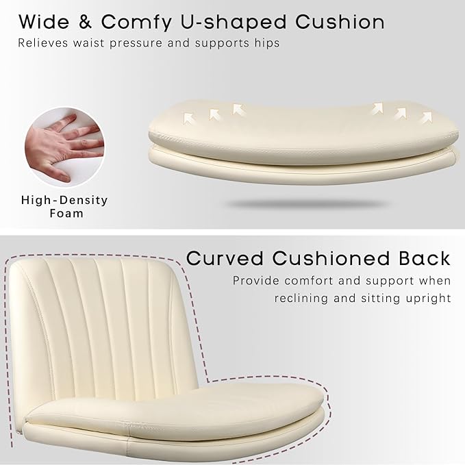 PUKAMI Criss Cross Chair with Wheels,Armless Cross Legged Office Desk Chair,PU Leather Modern Swivel Height Adjustable Wide Seat Computer Task Vanity Chair for Home Office(Beige)