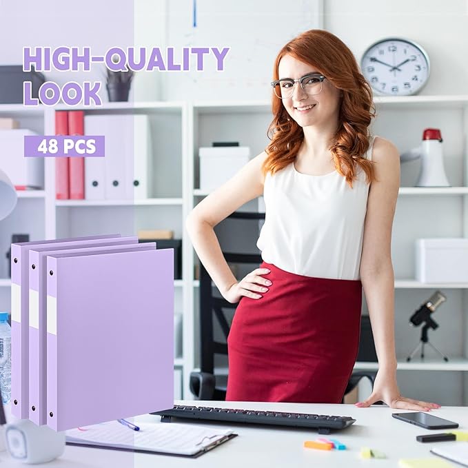 Henoyso 48 Pcs 3 Ring Binder 0.5 Inch Round Fits Letter Size 8.5'' x 11'' Paper Plastic Flexible Binder Bulk Holds 140 Sheets with 1 Pockets Versatile Organizer for Home Office School (Light Purple)