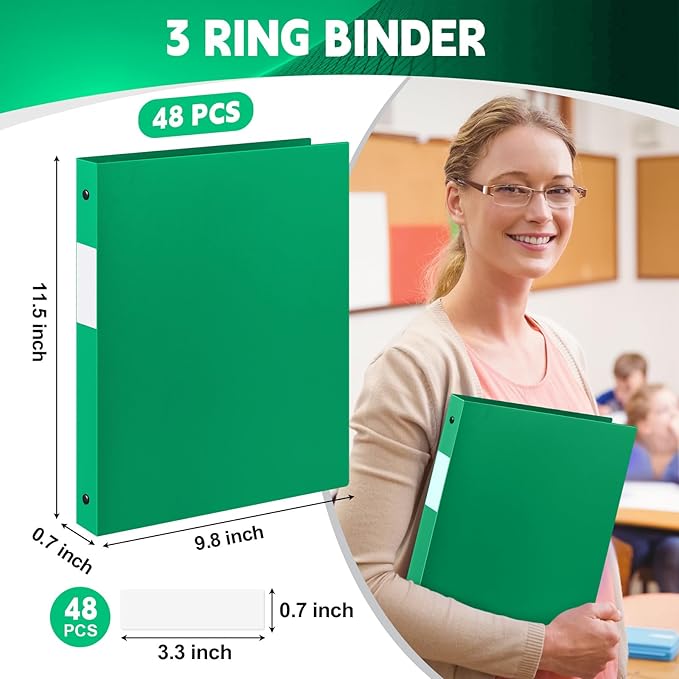 Henoyso 48 Pcs 3 Ring Binder 0.5 Inch Round Fits Letter Size 8.5'' x 11'' Paper Plastic Flexible Binder Bulk Holds 140 Sheets with 1 Pockets Versatile Organizer for Home Office School (Green)
