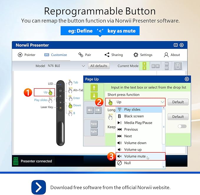 Norwii Rechargeable Bluetooth Presentation Clicker, Wireless Presenter, PowerPoint Presentation Remote with Pointer, Slide Clicker with 328ft Range for Teacher and Presenter, macOS Applicable