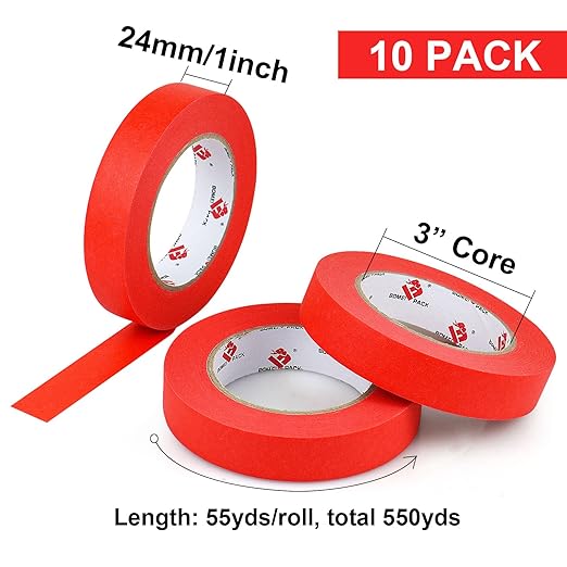 BOMEI PACK Red Painters Tape 1 Inch - Paint Tape 10 Rolls x 1 Inch x 55 Yards - Painter's Tape Red Masking Tape for Walls Painting, DIY Crafting, and School Projects, Total 550 Yards