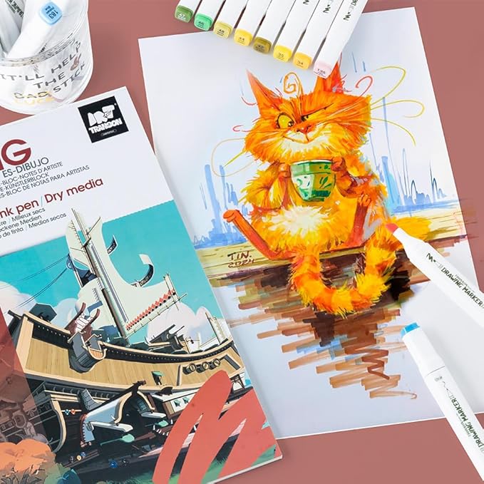 TRANSON Artist Mix Media Sketchbook Marker Pad, 8.3”x11.7” 32 Sheets A4 Art Papers, 110lb/160gsm for Painting, Drawing and Sketching