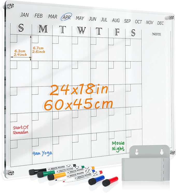 MAKELLO Acrylic Calendar for Wall 24" x 18", Clear Dry Erase Calendar for Office, School, Home, Bedroom, 4 Pens, Pen Holder, Wall-Mount Screws