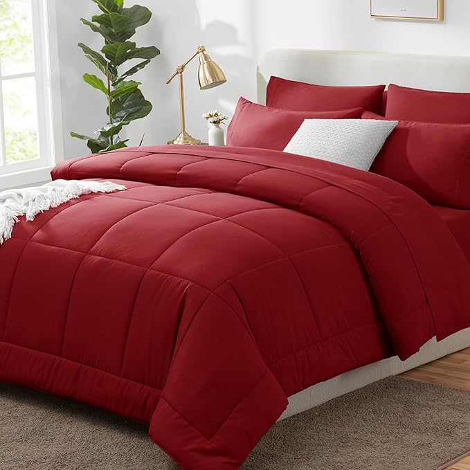 CozyLux Queen Comforter Set Dark Red, 7 Pieces Bed in a Bag, All Season Bedding by CozyLux