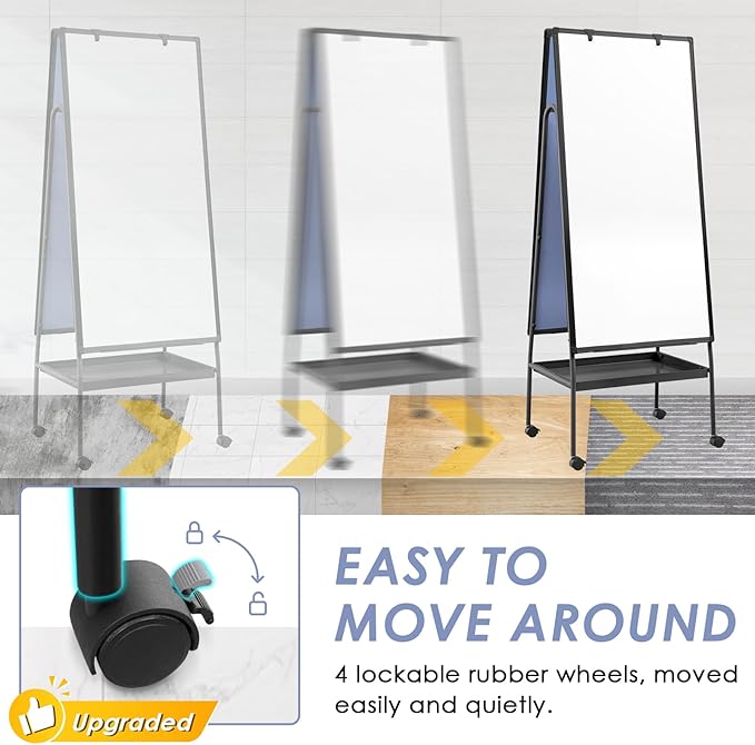 MAKELLO Rolling Whiteboard on Wheels 48x24 in, Double Sided Mobile White Board with Storage Tray for Office School Home, Magnetic Classroom Easel for Teacher, Height Adjustable, Aluminum Frame, 4'x2'