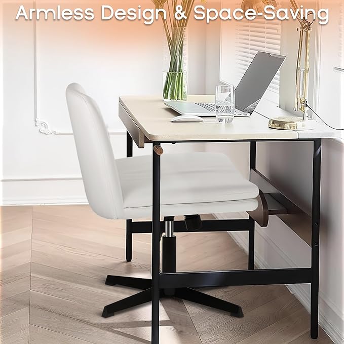 PUKAMI Criss Cross Legged Office Desk Chair No Wheels,PU Leather Modern Swivel Height Adjustable Wide Seat Mid Back Computer Task Vanity Chair for Home Office