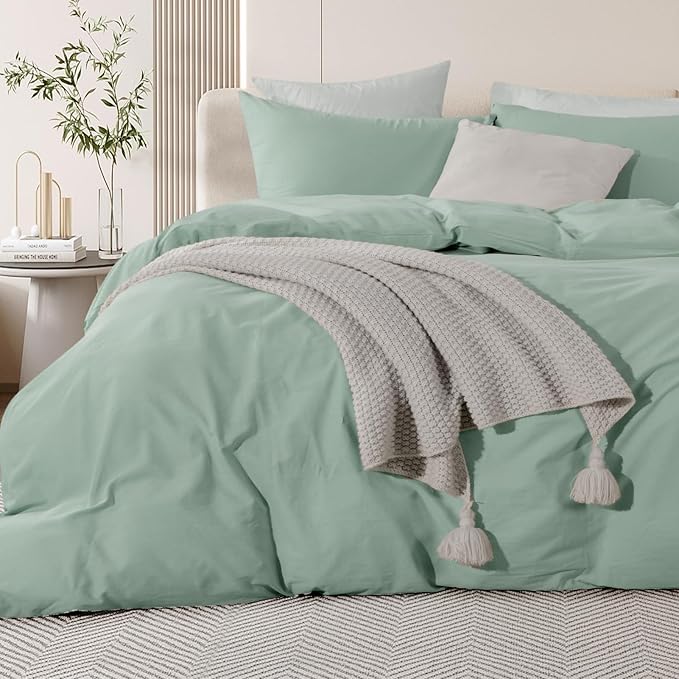 NEXHOME PRO Green Duvet Cover Set California King Linen Feel Textured Organic - Image 3