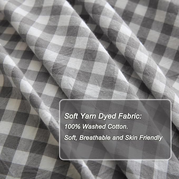 Silnuo Grey/White Checkered Ruffle 3-Piece Duvet Cover Set King Size, Washed - Image 5
