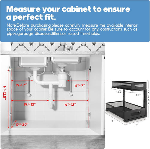 1 Pack 19IN Depth Under Sink Storage Organizer, Large 2-Tier Elegant Mesh Pull Out Shelf for Kitchen and Bathroom Cabinet Organization, L-Shaped and Adjustable Height Design-Black