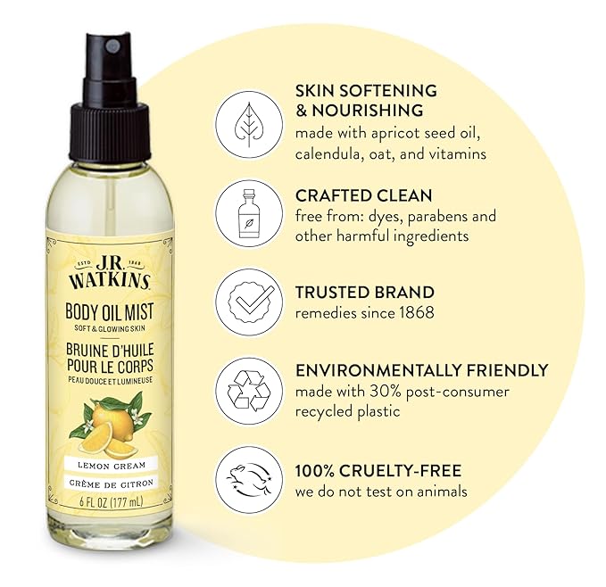 J.R. Watkins Naturally Hydrating Body Oil Mist, Lemon Cream, 6 fl oz, 2 Pack - Image 2