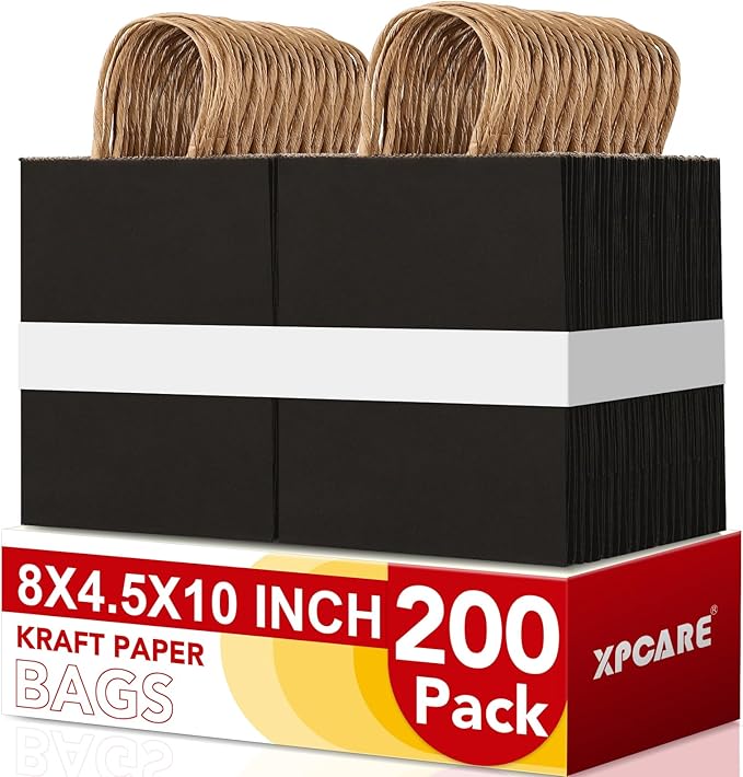XPCARE 200Pack Paper Bags 8x4.5x10 Inch, Plain Medium Paper Bags with Handles Bulk, Kraft Paper Gift Bag, Retail, Party, Shopping, Favor Bag(Black)