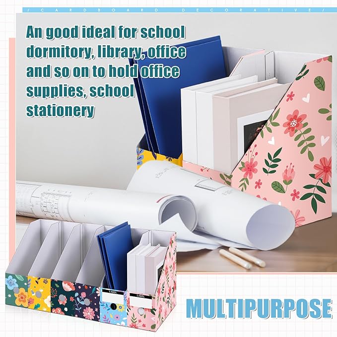 PerKoop 12 Pcs Magazine File Holder Foldable Decorative Cardboard File Folders 6 Patterns Floral Colored Magazine Rack with Printable Sticker Labels for School Office Home Desk (Flower Design)