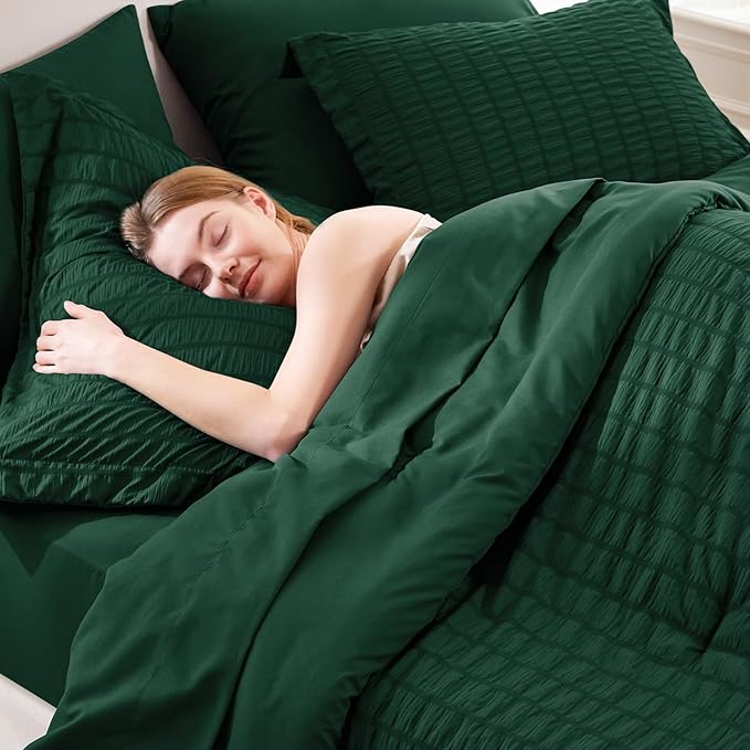 CozyLux King Size Comforter Set Emerald Green Seersucker 7 Pieces Bed in a Bag - Image 5