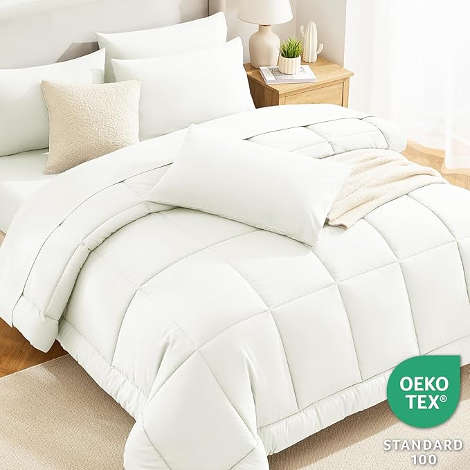 CozyLux King Size Comforter Set Ivory, 7 Pieces Bed in a Bag, Ivory Comforter - Image 3