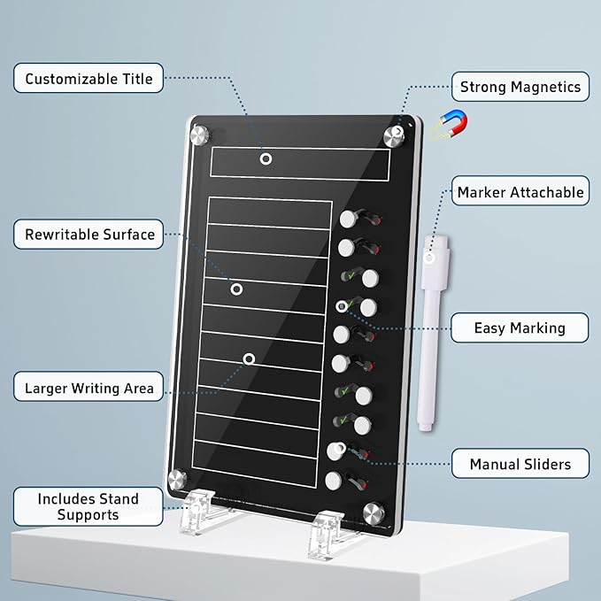 NiHome Black Acrylic Magnetic to Do List Planning Board with Sliders & Desktop Stand,Chore Chart for Kids & Adults,Checklist Routine Chart Task Board for Fridge & Desk,For Magnetic Metal Surfaces Only