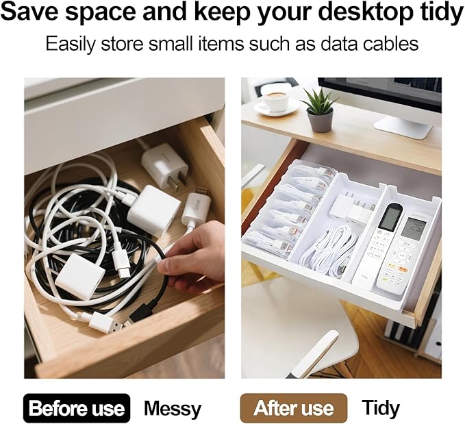 11 Cable Organizer Box with Labels, Cord Storage Organizer for Desk Drawer，Includes 20 Ties & 32 Labels, Office Home Multi-Purpose Organizer
