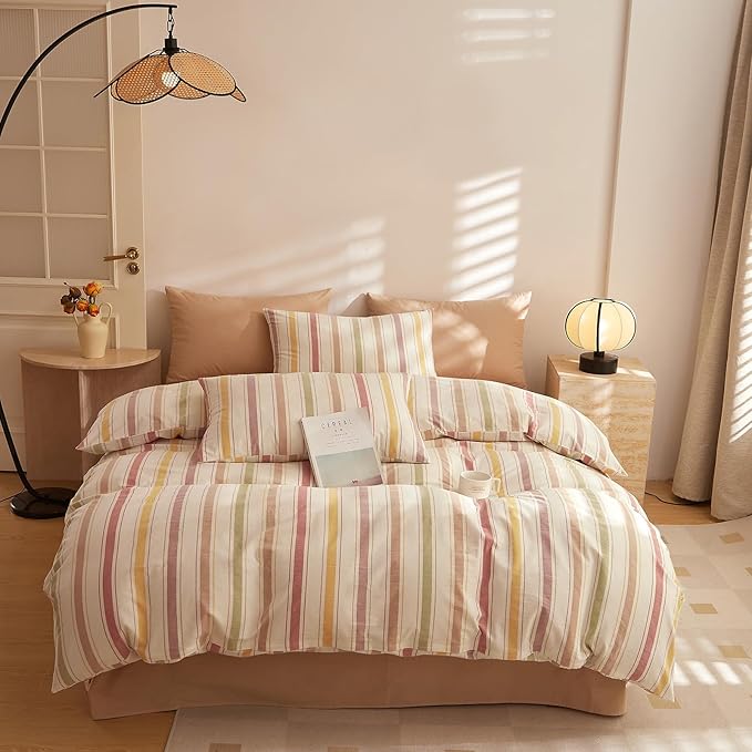mixinni Vintage Striped Duvet Cover Set Full, 3-Piece Washed Cotton Bedding Set - Image 3