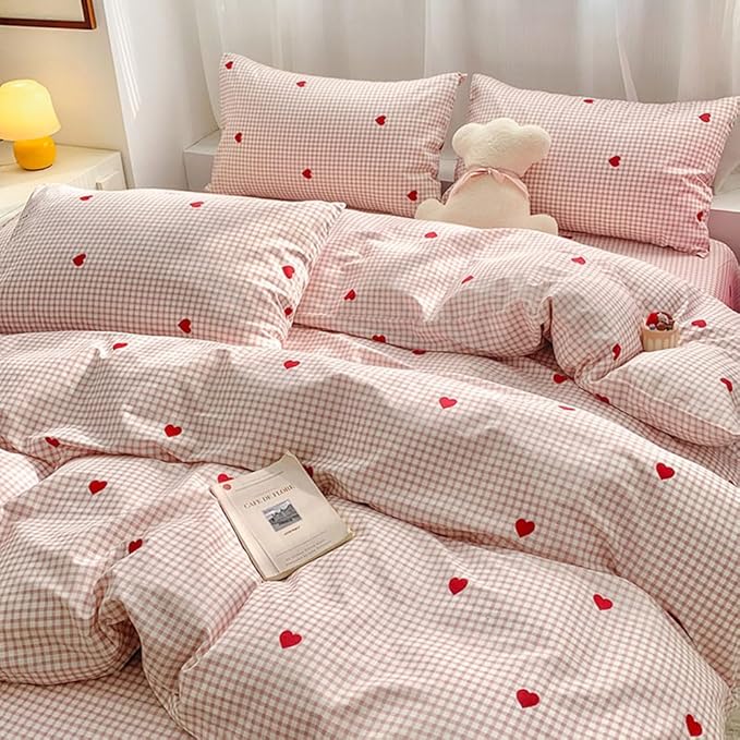 Nayoroom Gingham Duvet Cover Queen Size Pink Plaid Red Heart Printed on White - Image 4