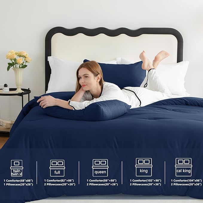 CozyLux Navy Blue Full Size Comforter Set, 3 Pieces Solid Breathable Quilted - Image 6