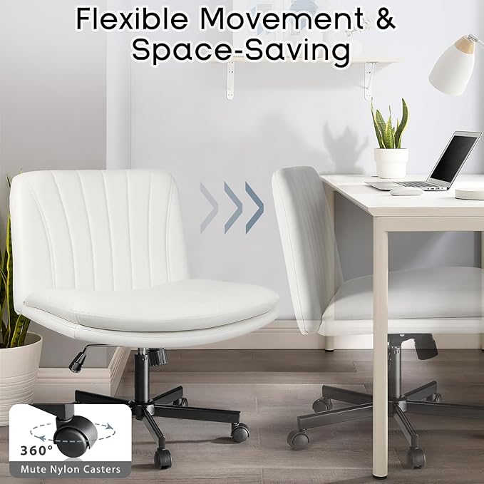 PUKAMI Criss Cross Chair with Wheels,Armless Cross Legged Office Desk Chair,PU Leather Modern Swivel Height Adjustable Wide Seat Computer Task Vanity Chair for Home Office(White)