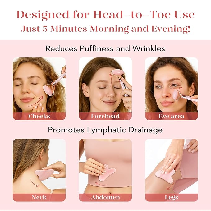 BAIMEI Rose Quartz Roller Set & Xiuyan Jade Gua Sha – Face Massager Tool and - Image 5