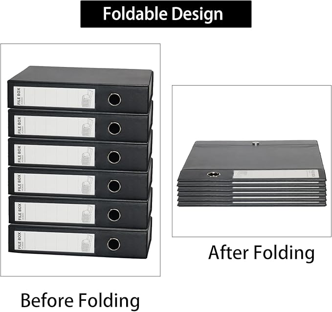 URbantin 6 Pack Foldable A4 Box Files,Plastic Archive Folders,65mm Spine, Document Box for Office（Black）