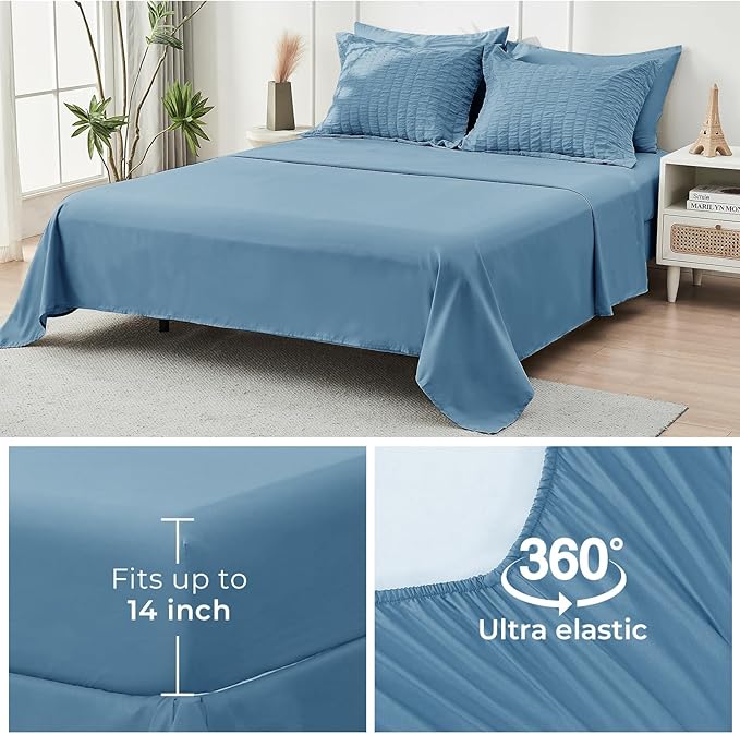 HYMOKEGE Mineral Blue Queen Comforter Set Seersucker 7 Pieces, All Season - Image 7