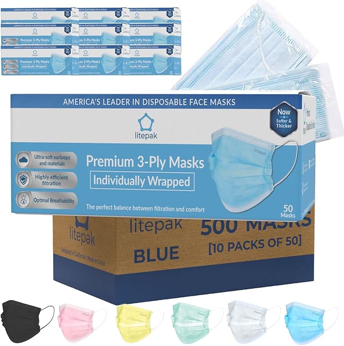 Litepak 500pcs Premium Disposable Face Mask SOFT 3ply Nose Wire by Litepak