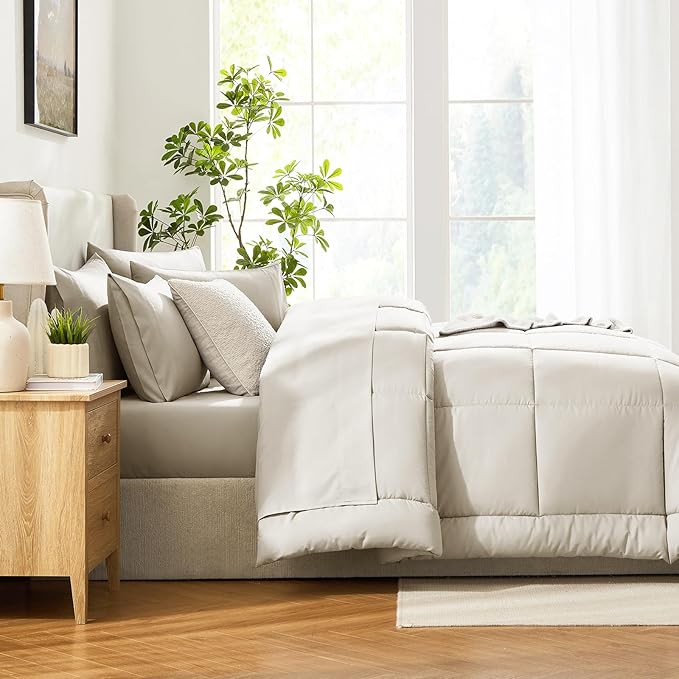 CozyLux Full Size Comforter Sets Oatmeal, 7 Pieces Bed in a Bag, Oatmeal - Image 9