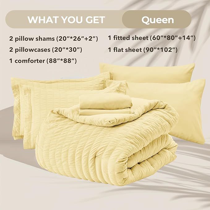 HYMOKEGE Yellow Queen Comforter Set Seersucker 7 Pieces, All Season Luxury Bed - Image 5