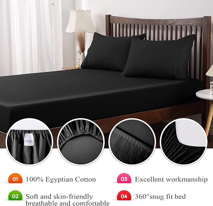 King Size Fitted Sheet Only Black, 100% Egyptian Cotton 600 Thread Count - Image 6