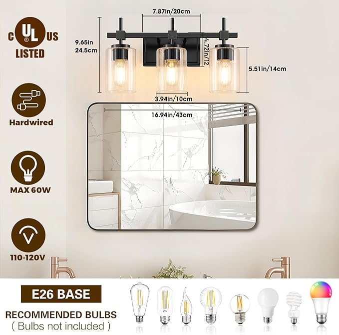 Asnxcju 3-Light Matte Black Vanity Light - Image 2
