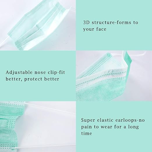 Borje Green Disposable Face Mask 100 Pcs Green Face Masks 3 Ply Protection Masks - Image 3