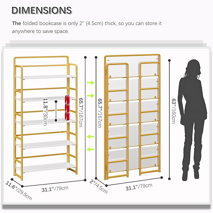 4NM No Assembly Extra Wide 5 Tiers Folding Bookshelf Storage Shelves Vintage Bookcase Standing Racks Study Organizer Home Office (White Gold)