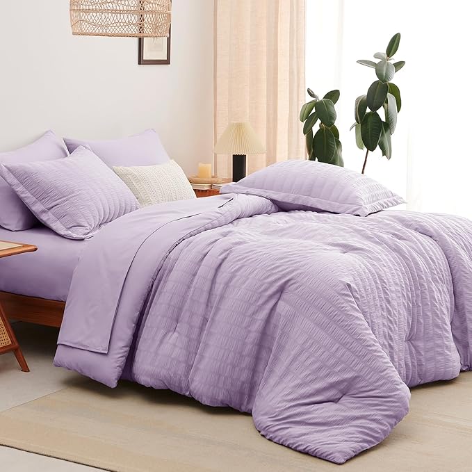 CozyLux King Size Comforter Set Light Purple Seersucker 7 Pieces Bed in a Bag - Image 8