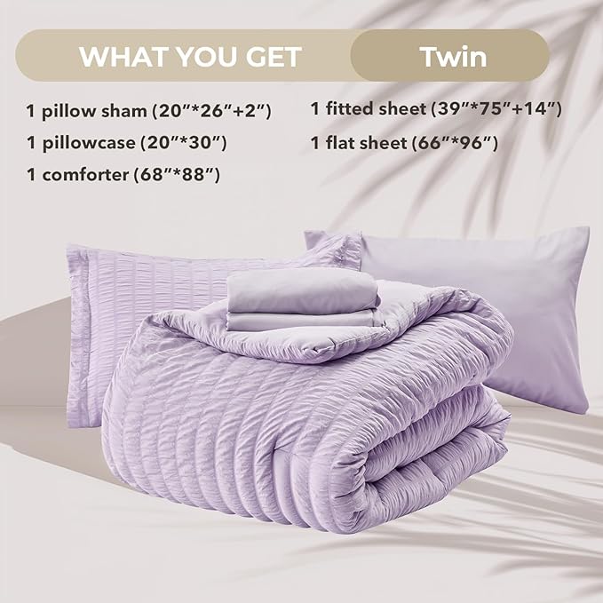 HYMOKEGE Lavender Twin Comforter Set Seersucker 5 Pieces, All Season Luxury Bed - Image 5