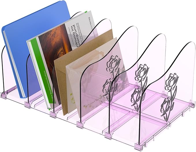COWVTUJ Adjustable Rose File Organizer for Desk, Vertical File Folder Holders for Magazines, Upright Desktop Binder Organizer, Clear Paper Bookshelf Divider File Sorter for School Office Supplies