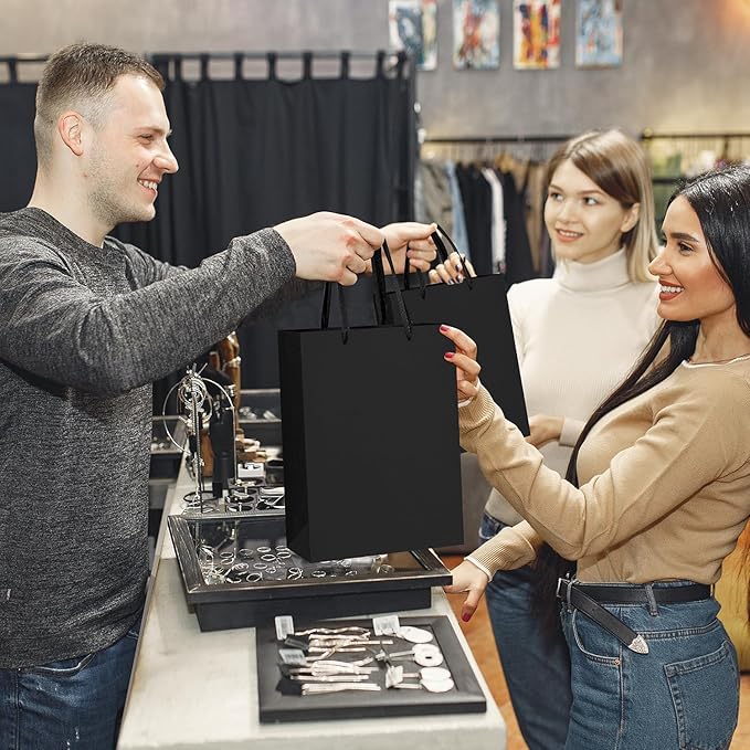 BagDream Black Gift Bags with Handles 8x4x11 Inch 50pcs Black Kraft Paper Bags Bulk, Medium Birthday Wedding Party Shopping Retail Merchandise Paper Sacks