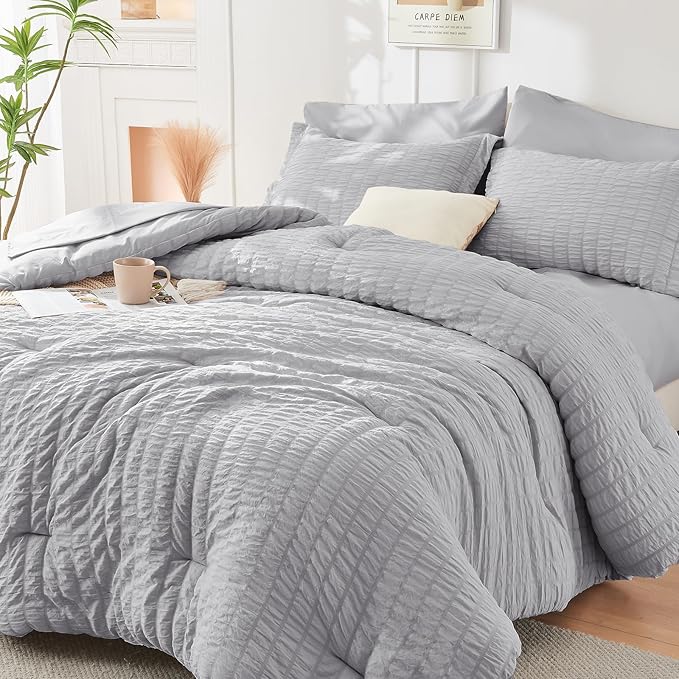 HYMOKEGE Light Grey Oversized King Comforter Set Seersucker 7 Pieces, All by HYMOKEGE
