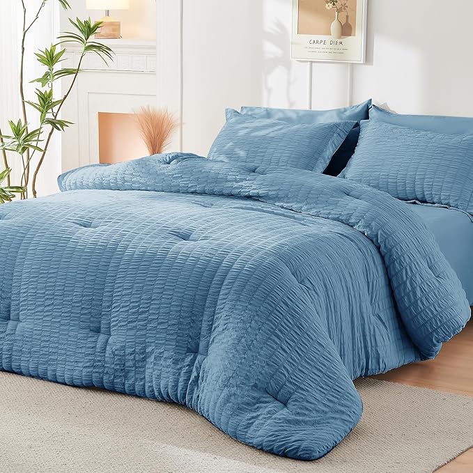 HYMOKEGE Mineral Blue King Size Comforter Set Seersucker 7 Pieces, All Season - Image 8