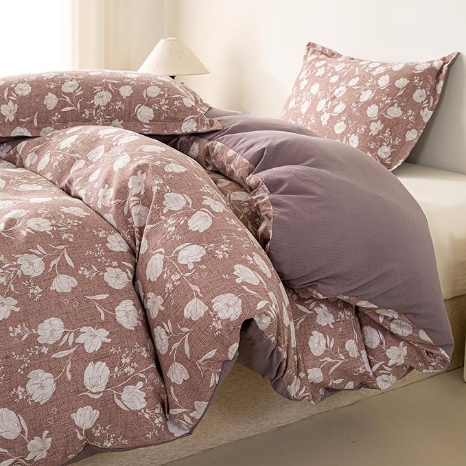 OAITE Purple Flower King Size Duvet Cover-3 Pieces Prewashed Cotton-Like - Image 2